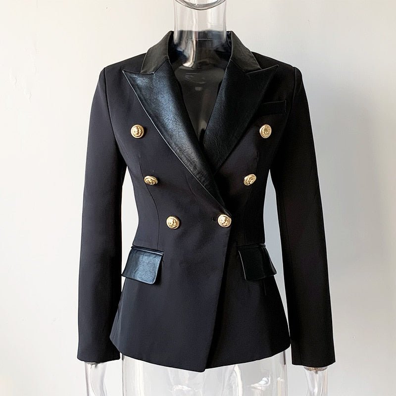 HarleyFashion Women's Office-Style Blazer with PU Leather Collar