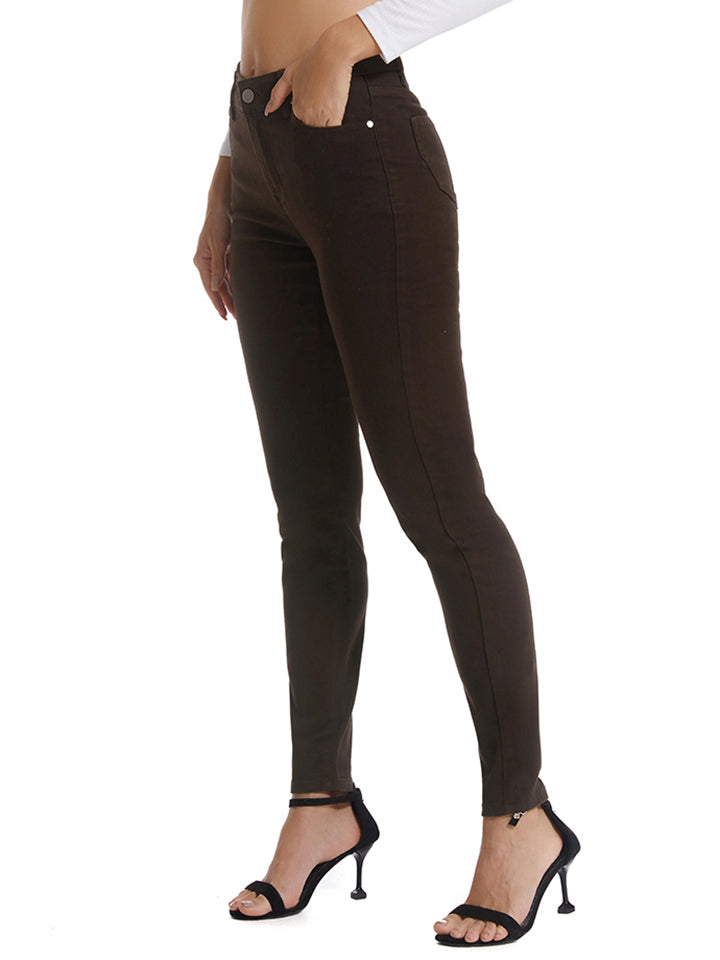Full-Length Buttoned Jeans in Solid Pattern with Stretchy Fit