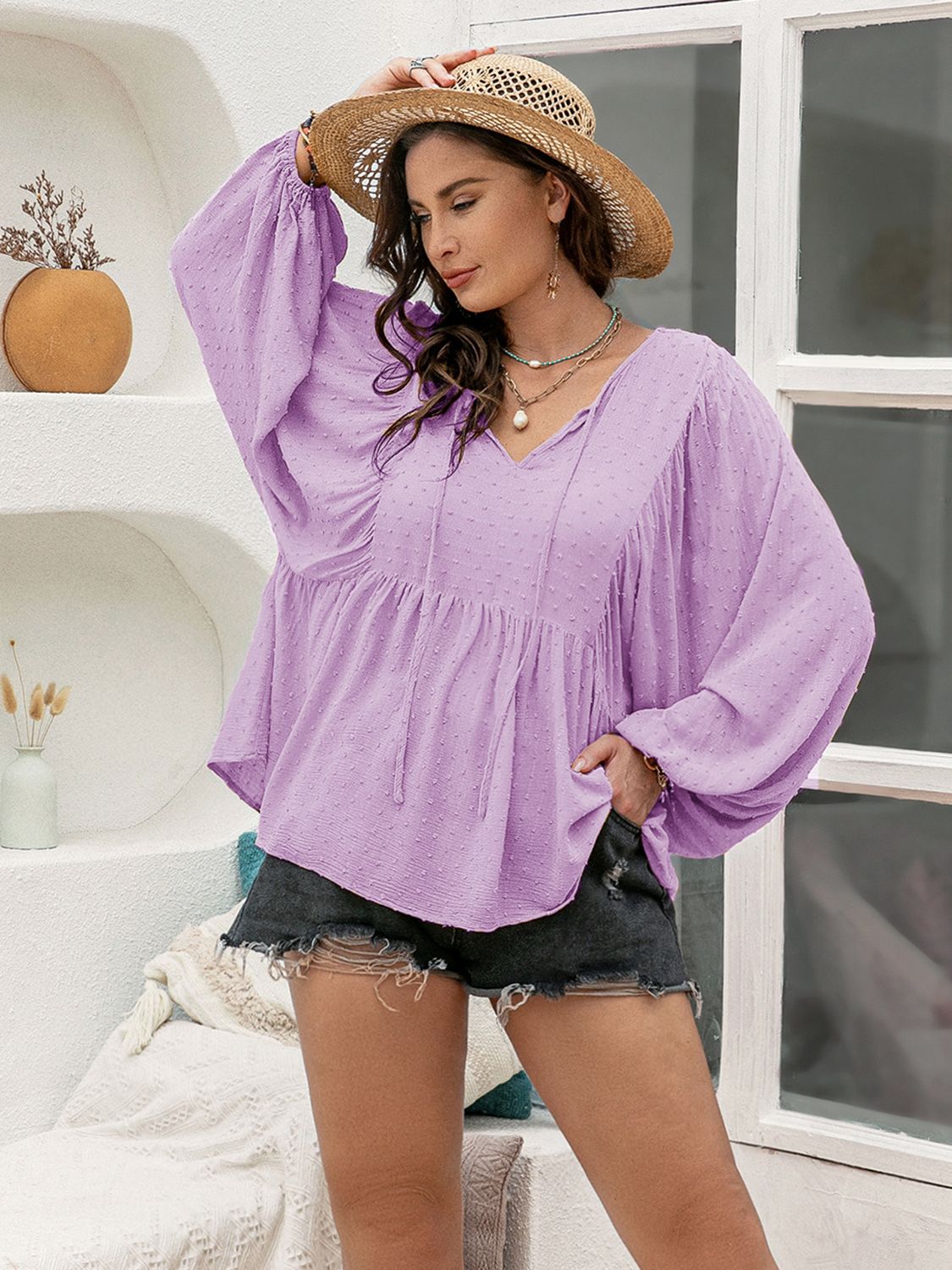 Plus Size Long Sleeve Swiss Dot Blouse with Tie Neck
