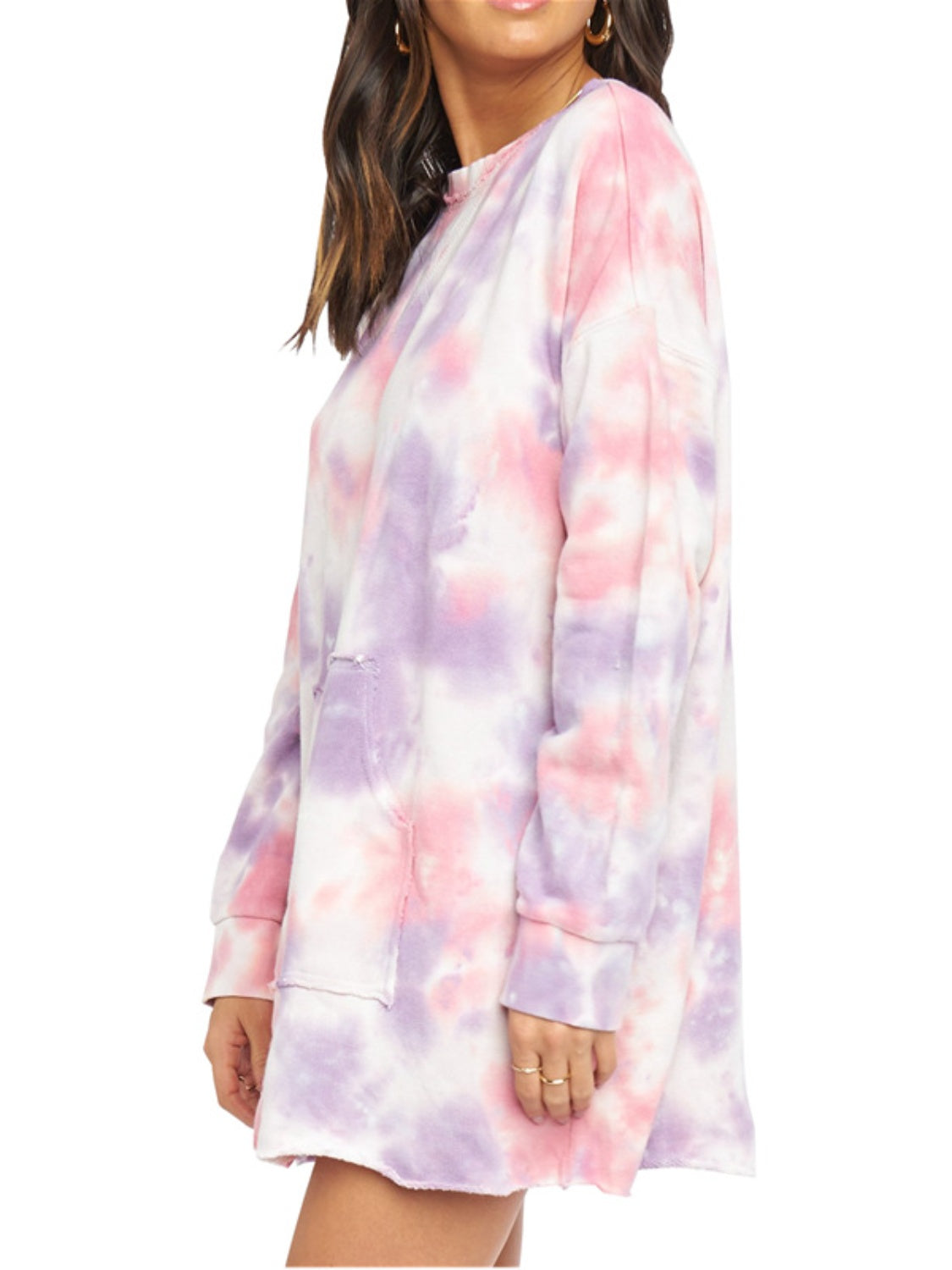 Stylish Pocketed Long Sleeve Tie - Dye Round Neck Dress