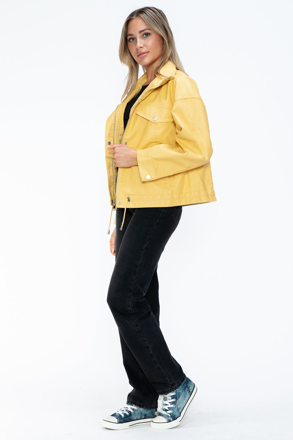 Stylish PU Leather Zip - Up Jacket with Adjustable Drawstring Hem