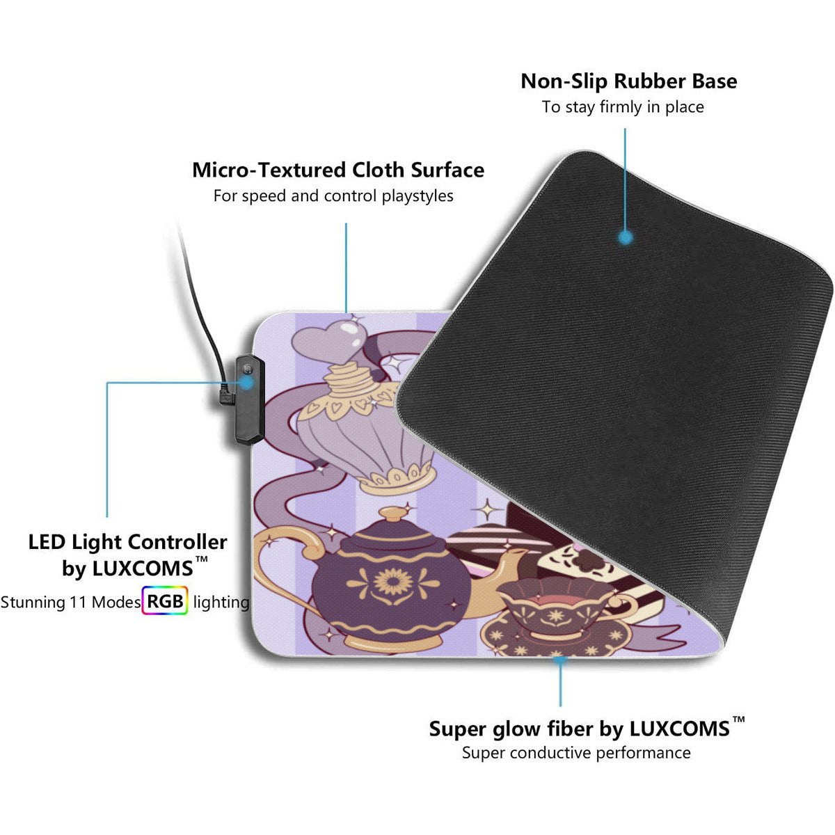 Dunbi Designed Illuminated Rubber Mouse Pad with Cute Teddy Bear, Tea Party, Ribbon, Bows, Cakes, Victorian, Doll, Cute Girl, Purple Style 1, Stripes Patterns