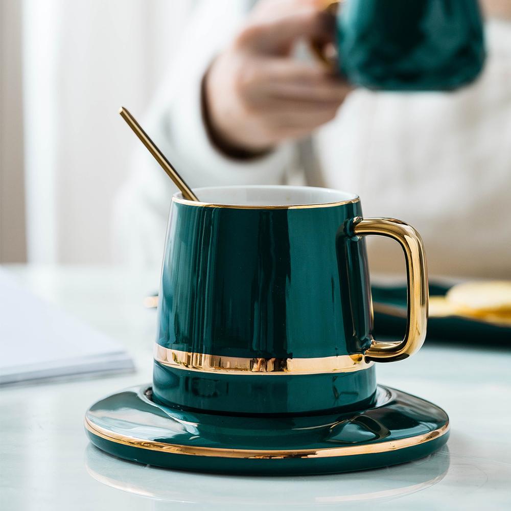MDZF SWEET HOME European-Style Handpainted Green Ceramic Coffee Cup Set with Mat, Lid, Spoon - Ideal Milk Cup and Breakfast Tableware Set, Perfect for Couple Mugs and Birthday Gift Boxes