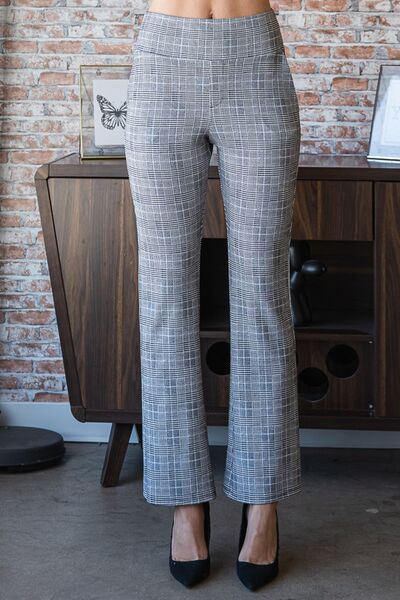 Heimish Full-Size Checkered Flare Trousers with a Wide Elastic Waistband, Suitable for Plus Sizes