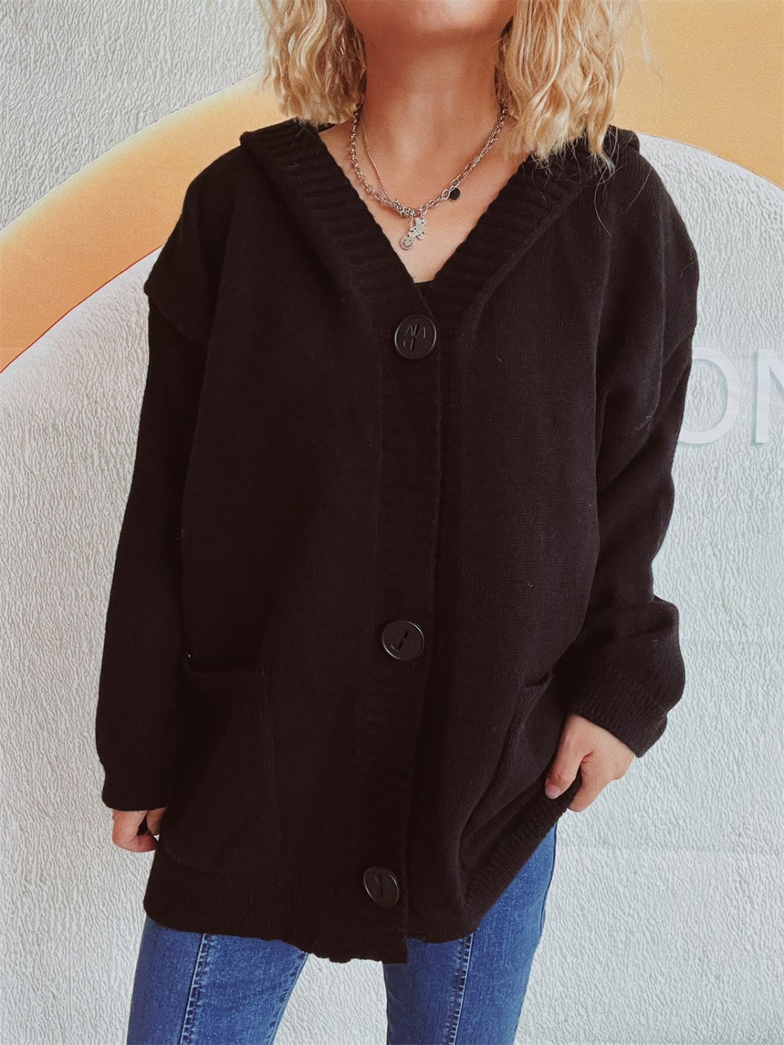 Casual Dropped Shoulder Long Sleeve Buttoned Pocketed Hooded Cardigan for Everyday Wear