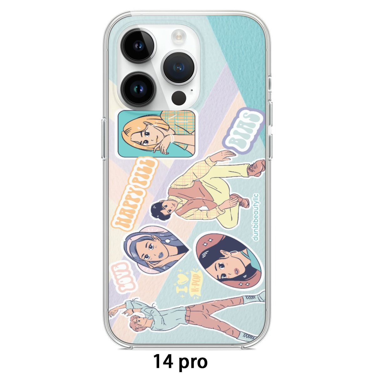 High - Quality TPU Mobile Phone Case for iPhone 14 Series, Inspired by KPOP Culture like BTS, Enhyphen, Ive, Aespa, with Pastel, Bias, Happy Pill, Love, and Idol - themed Designs by Dunbi