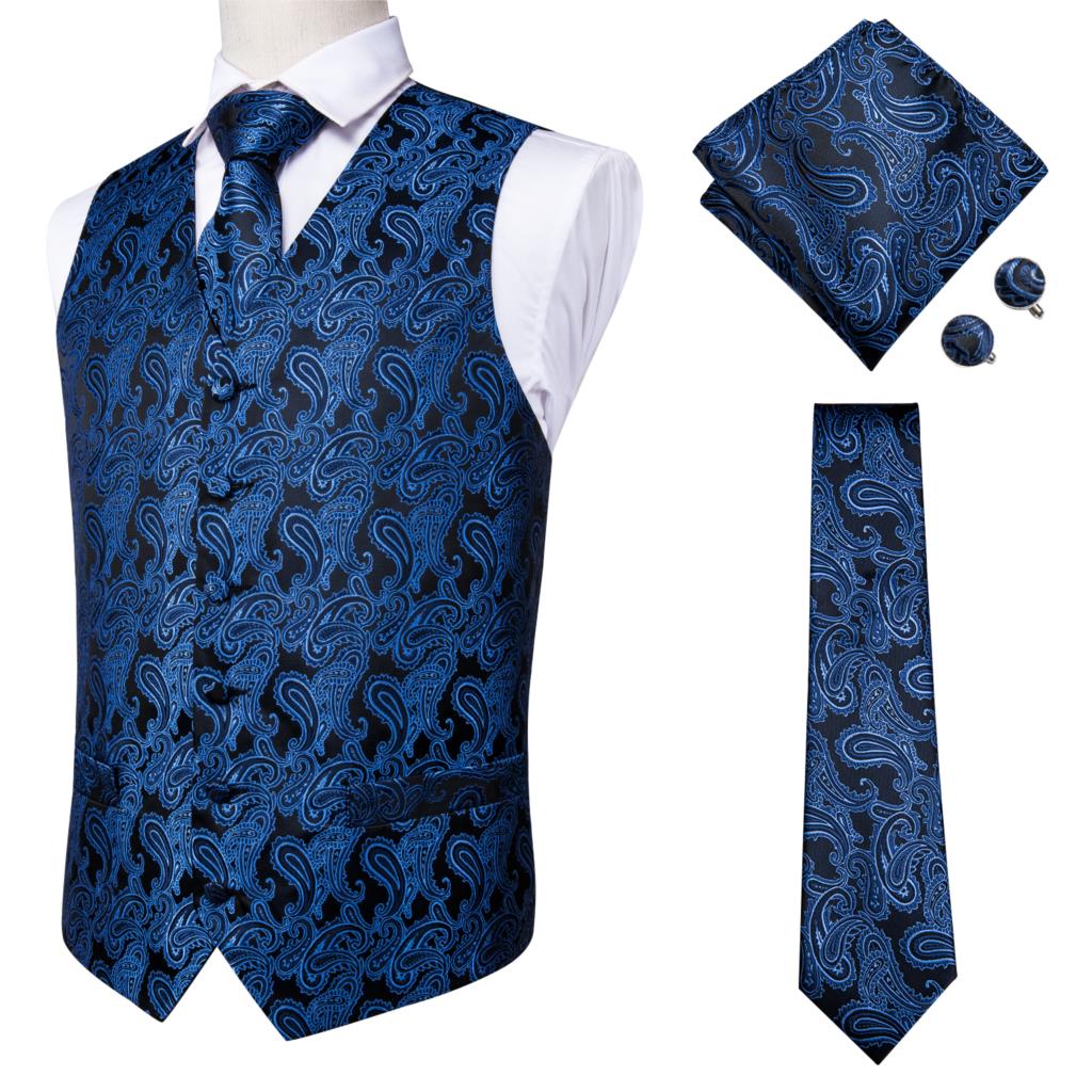 Hi-Tie Men's 4-Piece Luxury Silk Vest, Tie, Handkerchief & Cufflinks Set