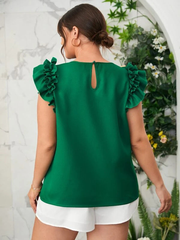 Plus Size Women's Solid Color Ruffled Short Sleeve Office Commuting Blouse
