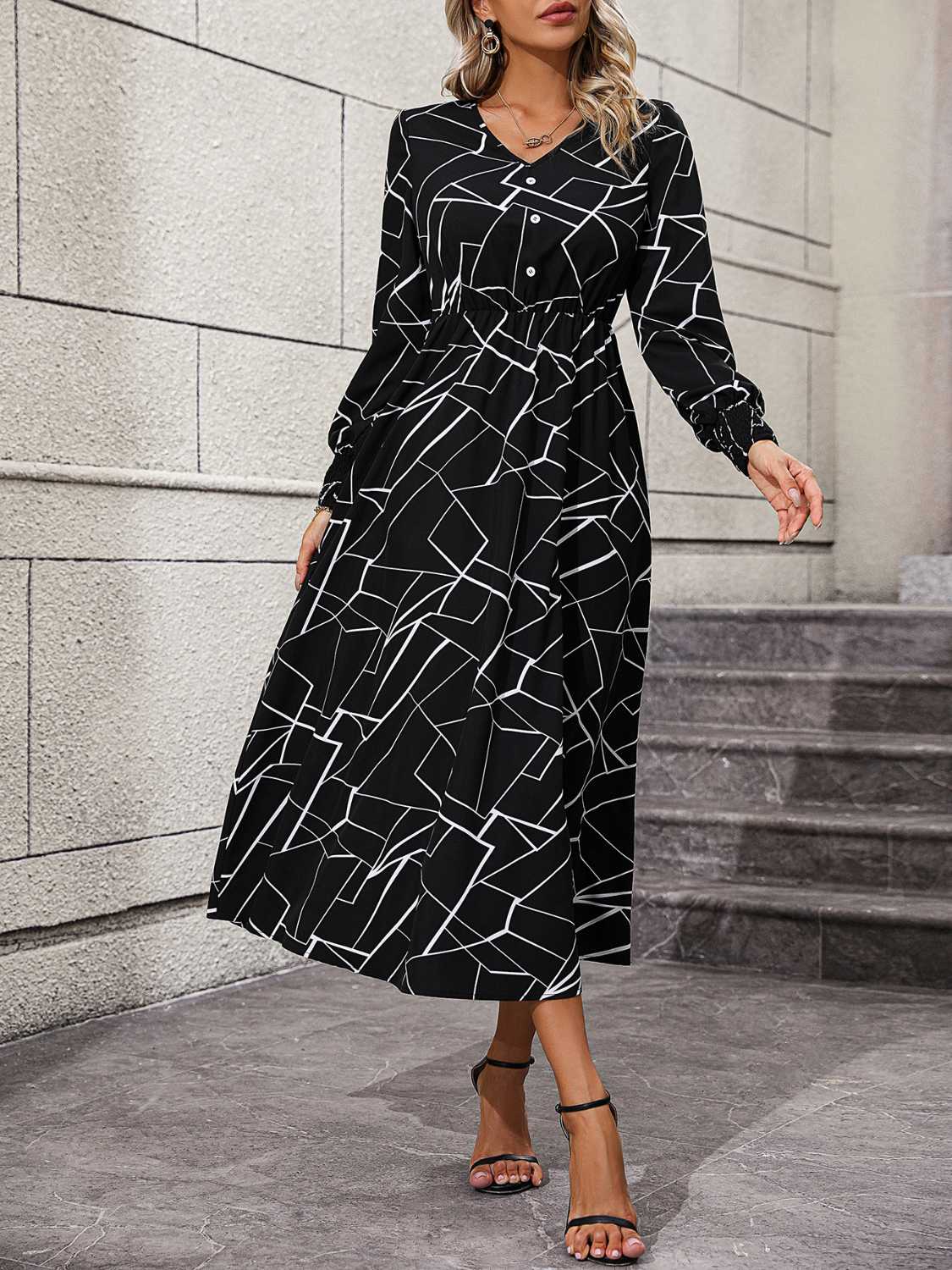 Stylish Geometric V - Neck Lantern - Sleeve Polyester Dress