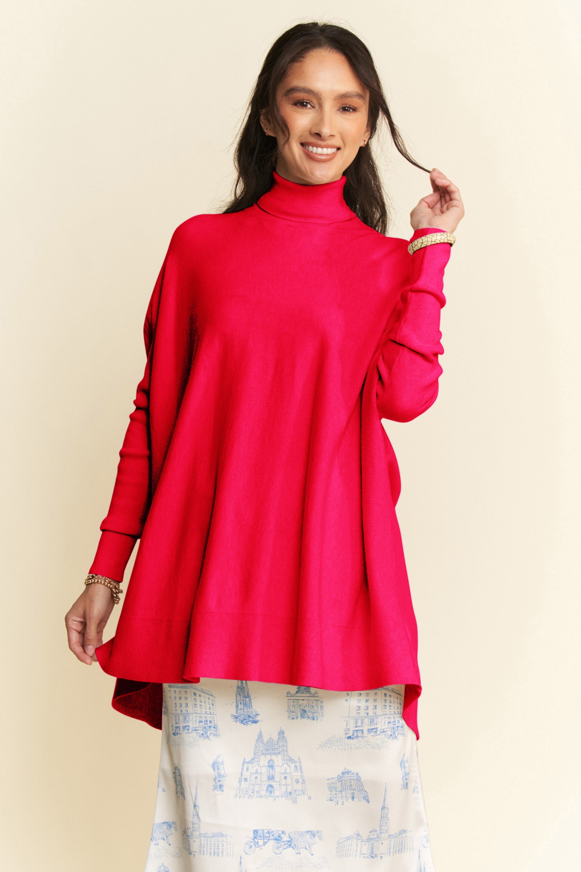 Davi & Dani Fashionable High-Low Turtleneck Long Sleeve Knitted Women's Top