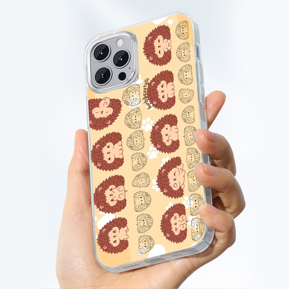 TPU iPhone 14 Series Mobile Phone Case Featuring Adorable Hedgehog, Kawaii Baby Animals, Paw Prints in Brown and White Colors (Designed by Dunbi)