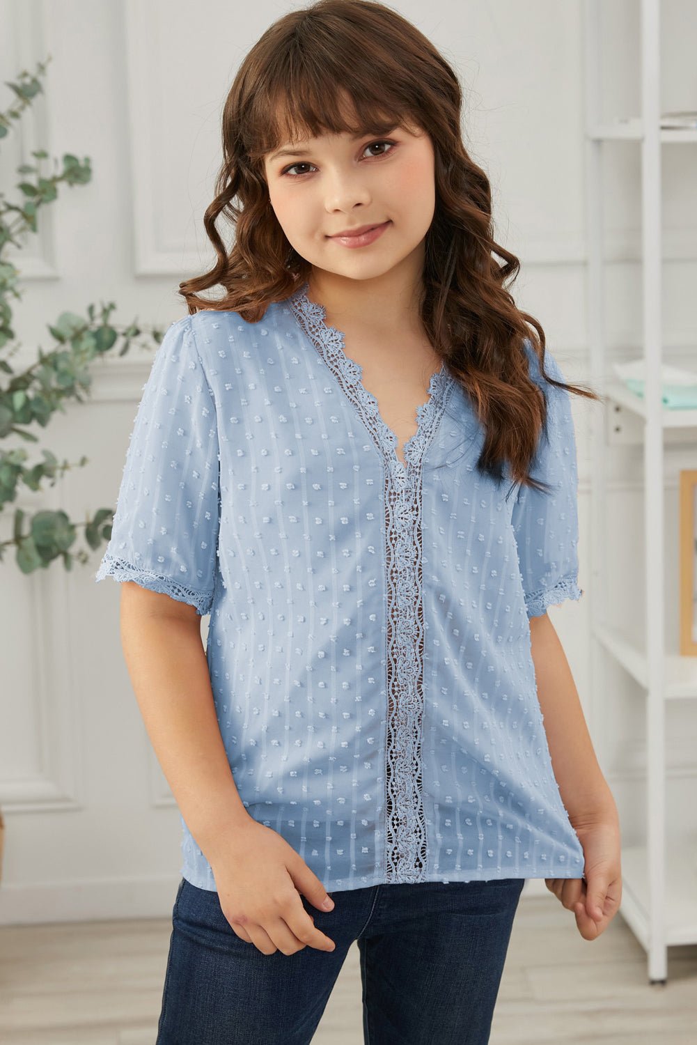 Summer Girls' Blouse with Swiss Dot and Spliced Lace for 4 - 13 Years Old