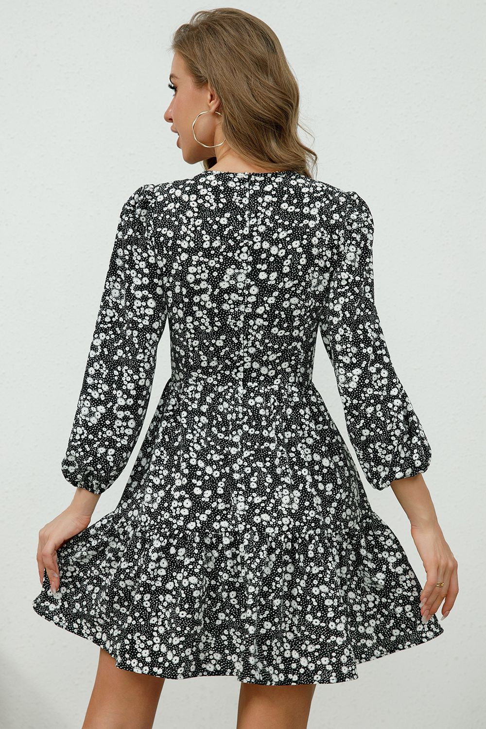 Fashionable Printed Mini Dress with Plunge Neck and Flounce Three - Quarter Sleeves