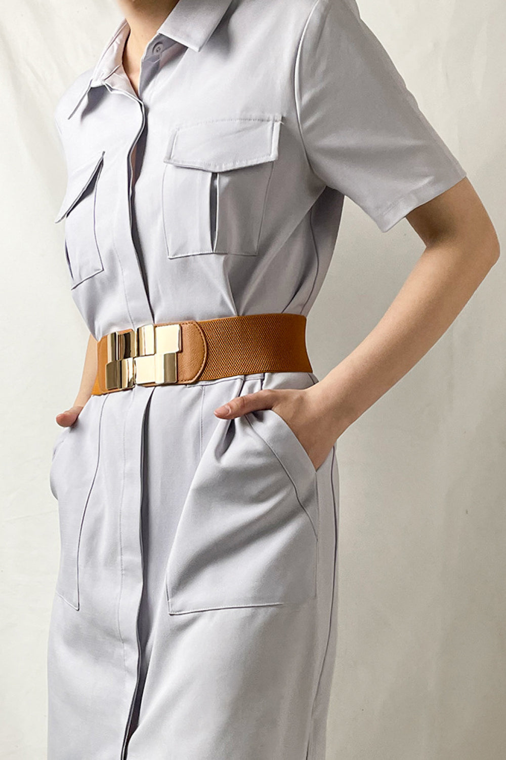 Fashionable Geometric Design Zinc Alloy Buckle Elastic Wide Waist Belt for Men and Women
