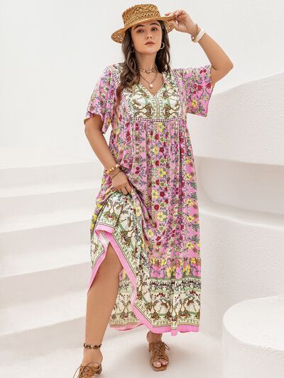 Plus Size Women's Floral Maxi Dress with Tie Neck and Flutter Sleeves
