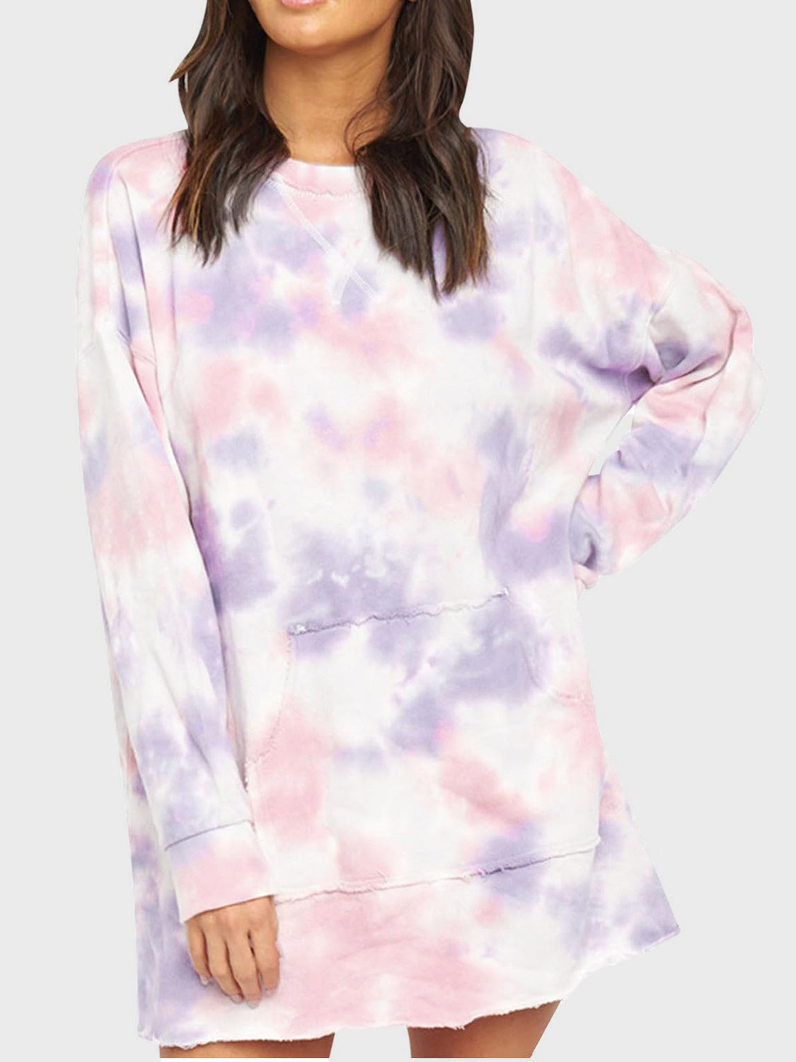 Stylish Pocketed Long Sleeve Tie - Dye Round Neck Dress