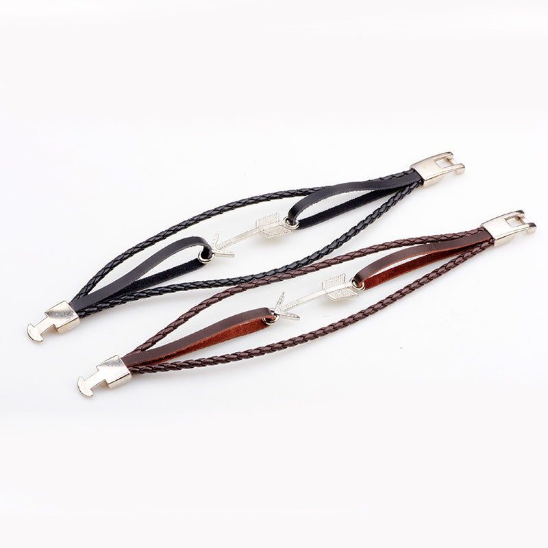 Men's Fashionable Retro-Style Alloy Arrow Leather Braided Wrist Bracelet