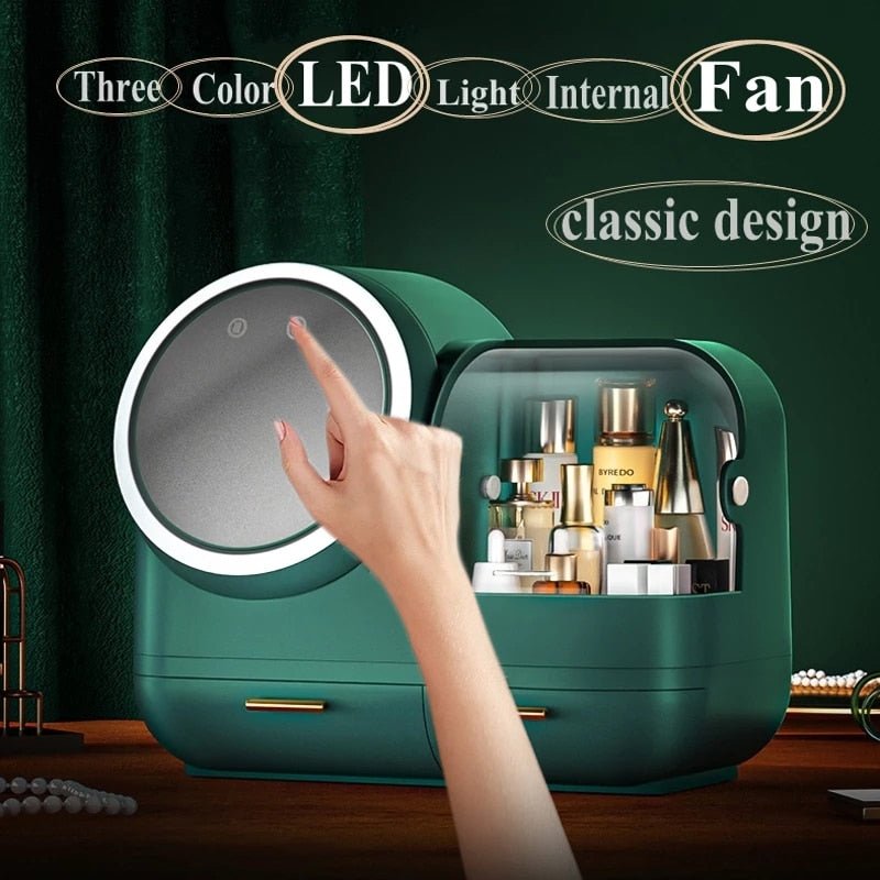 High-End Quality Makeup Storage Case with LED Lighting and Fan - A Modern Desktop Make Up Organizer Drawer for Skincare, Lipstick, and Cosmetics Beauty Box