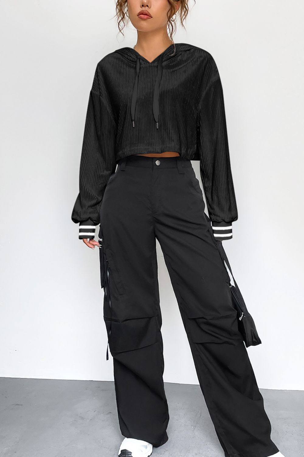 Opaque Drawstring Long Sleeve Drop Shoulder Hoodie