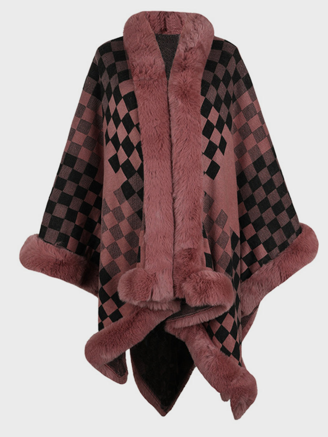 Soft and Fuzzy Checkered Long-Sleeved Poncho for Fashionable Wear