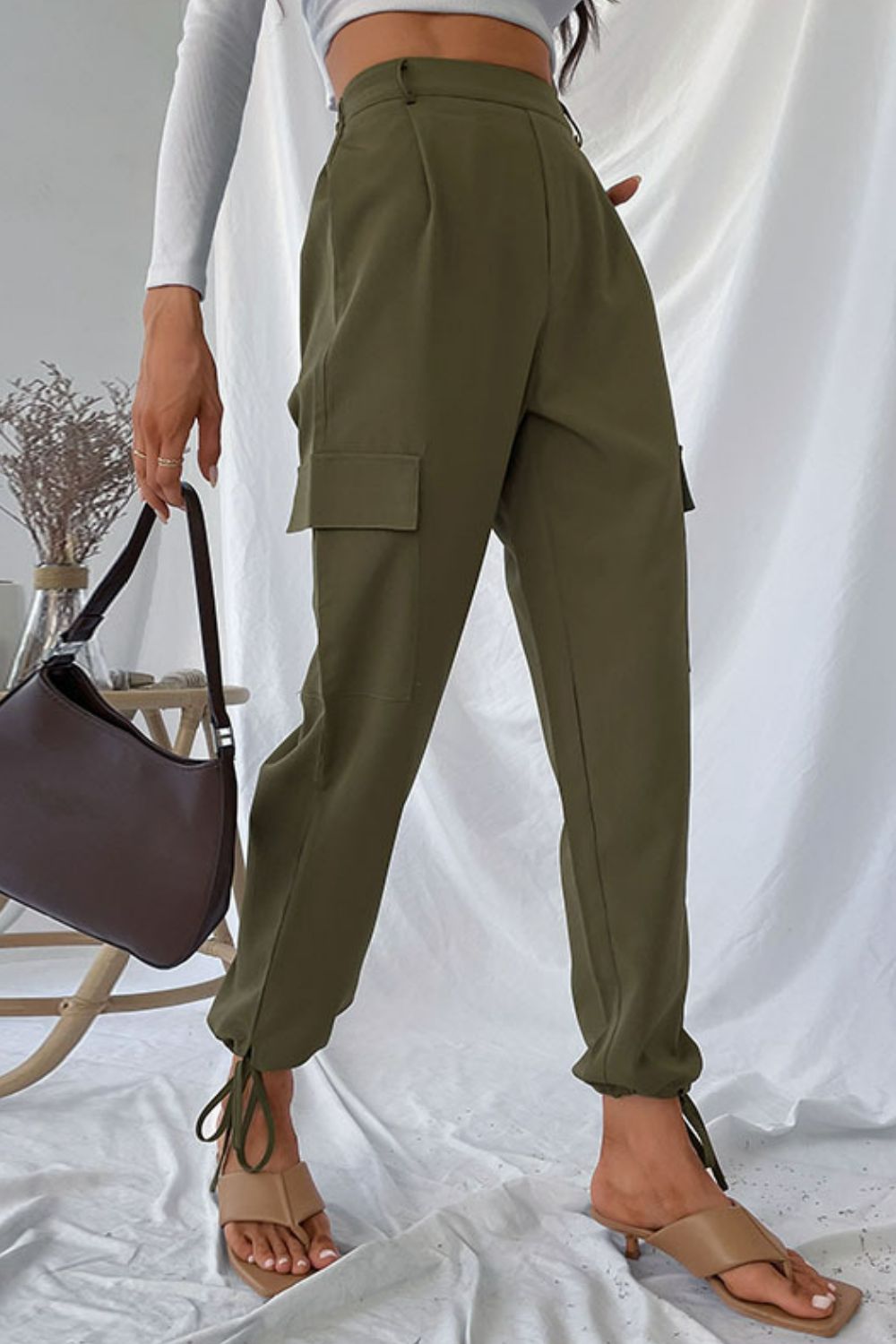 Long Regular Drawstring Ankle Solid Cargo Pants in 100% Polyester