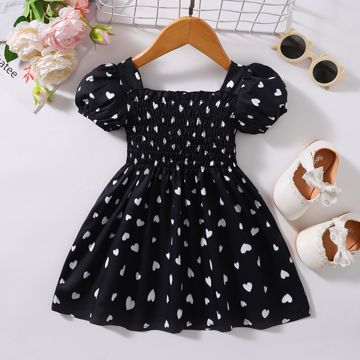 Cute Heart - Printed Smocked Short Square - Neck Dress for Babies