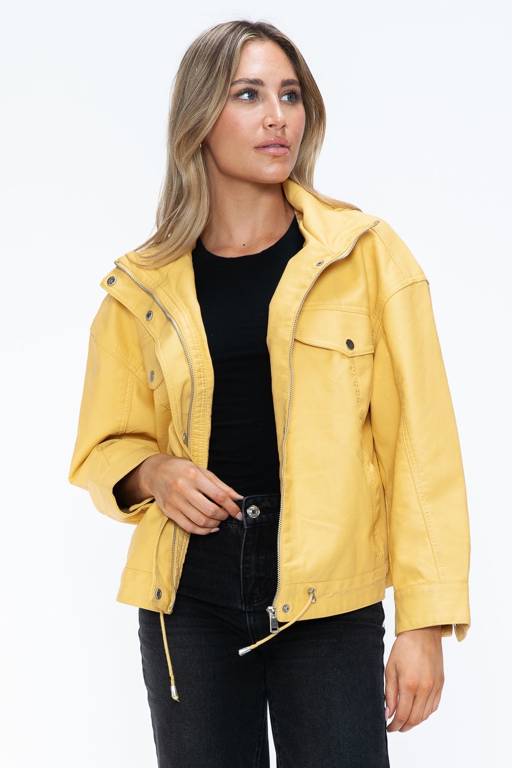 Stylish PU Leather Zip - Up Jacket with Adjustable Drawstring Hem