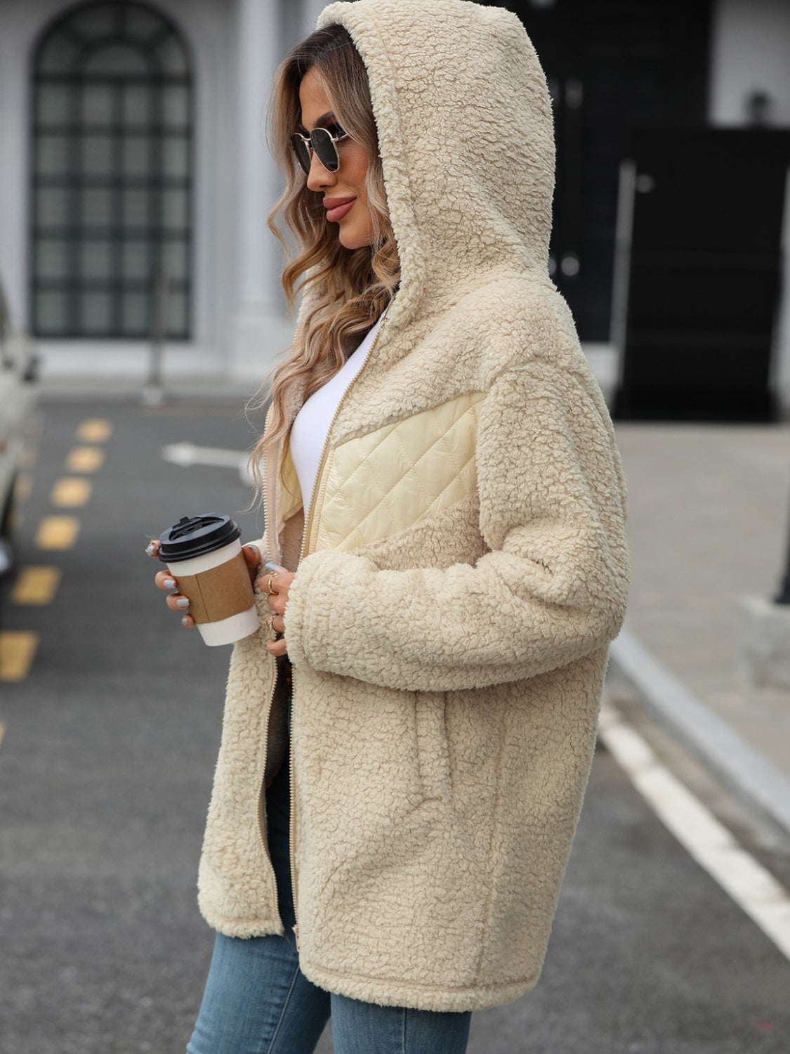 Soft Fuzzy Long Sleeve Zip - Up Hooded Polyester Jacket