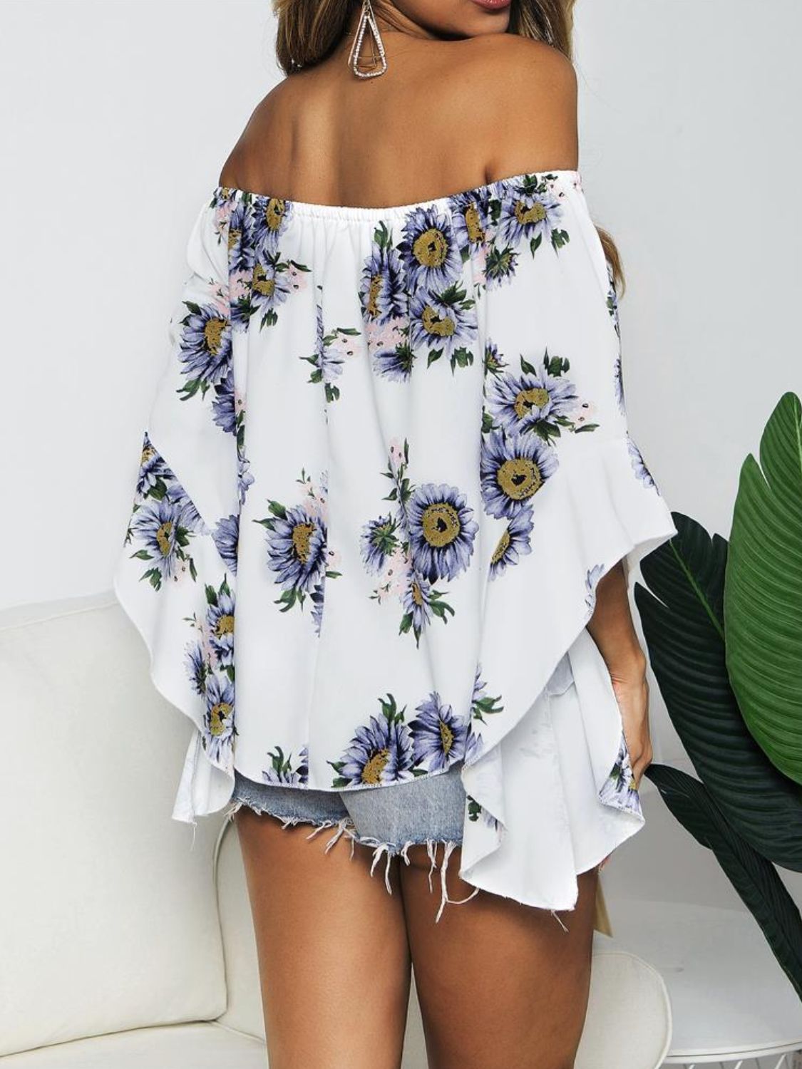 Long Floral Print Off-Shoulder Blouse with Bell Three-Quarter Sleeves