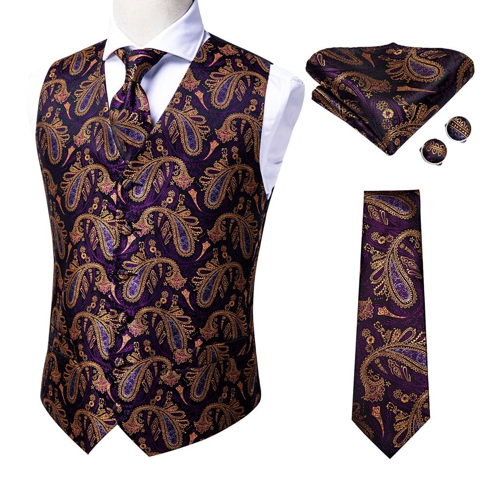 Hi-Tie Men's 4-Piece Luxury Silk Vest, Tie, Handkerchief & Cufflinks Set