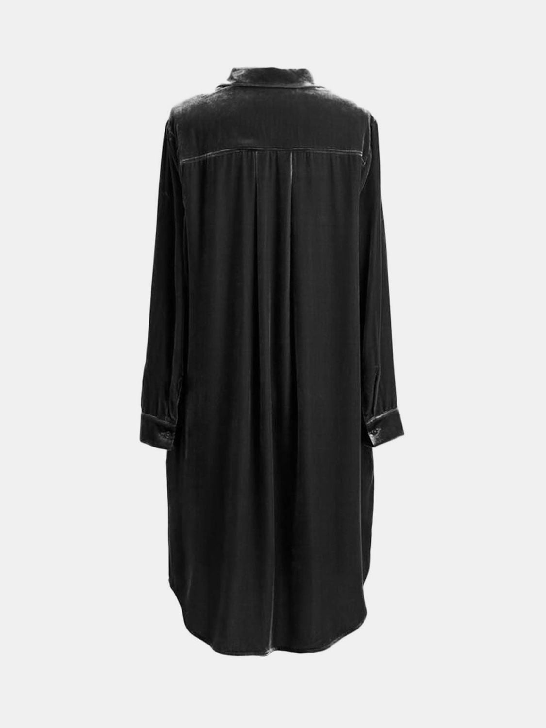 Long Sleeve High-Low Button-Up Knee-Length Opaque Dress with Pockets