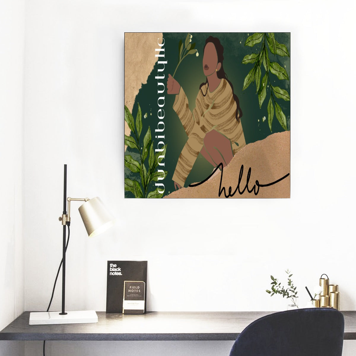 Decorative Framed Single Piece Wall Mural Featuring a Square Portrait of a Black Woman with Flowers Embodying Green, Grace, and Beauty (Designed by Dunbi)