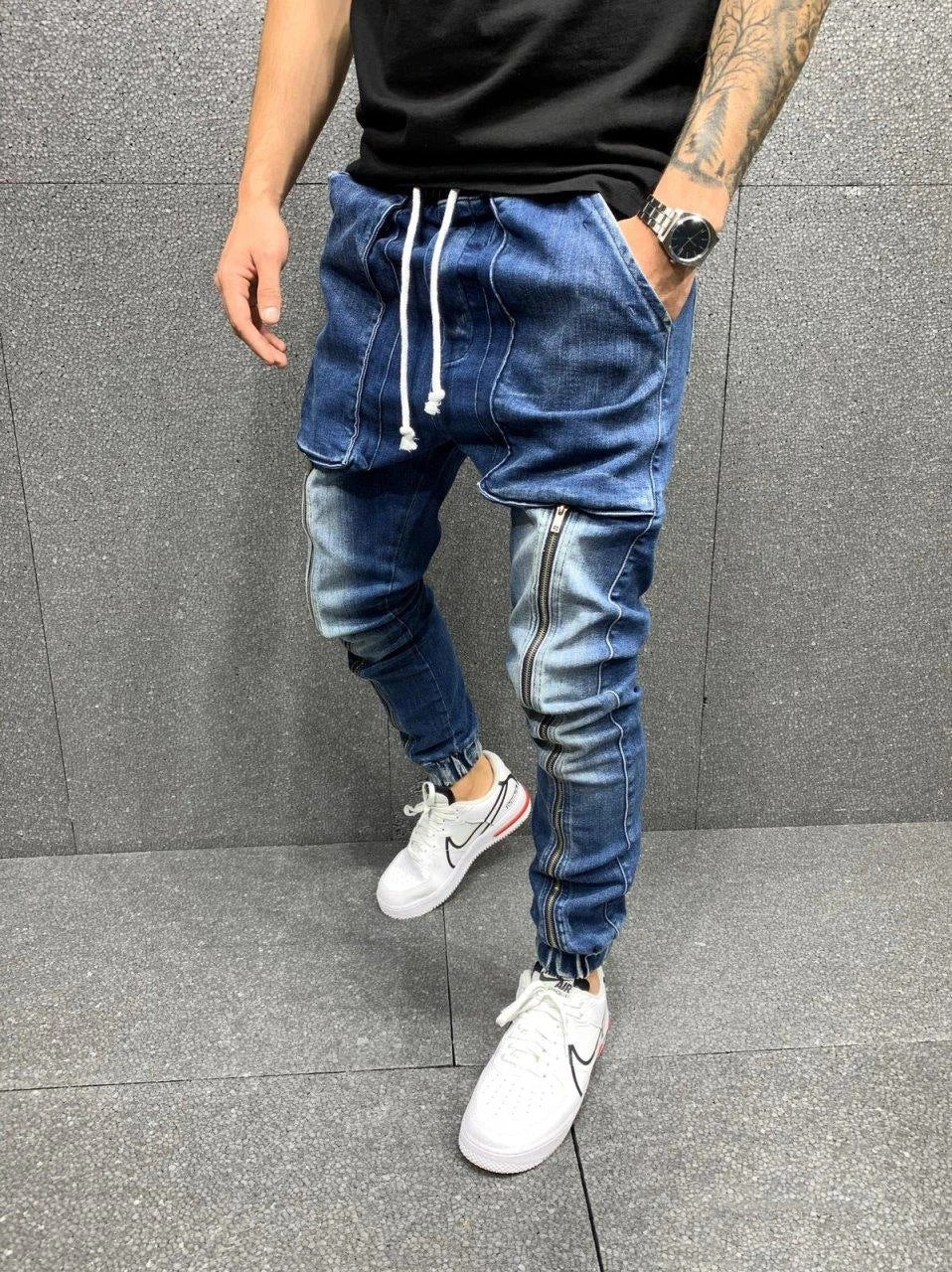 Stylish Hip - Hop Inspired Solid - Colored Cotton - Blended Washed Tapered Jeans Pants
