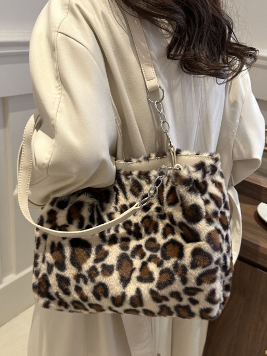 Large Imported Faux Fur Leopard Print Shoulder Bag