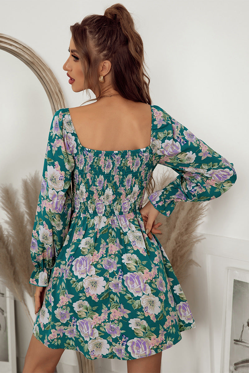 Chic Floral Print Flounce Sleeve Smocked Square Neck Mini Dress for Women