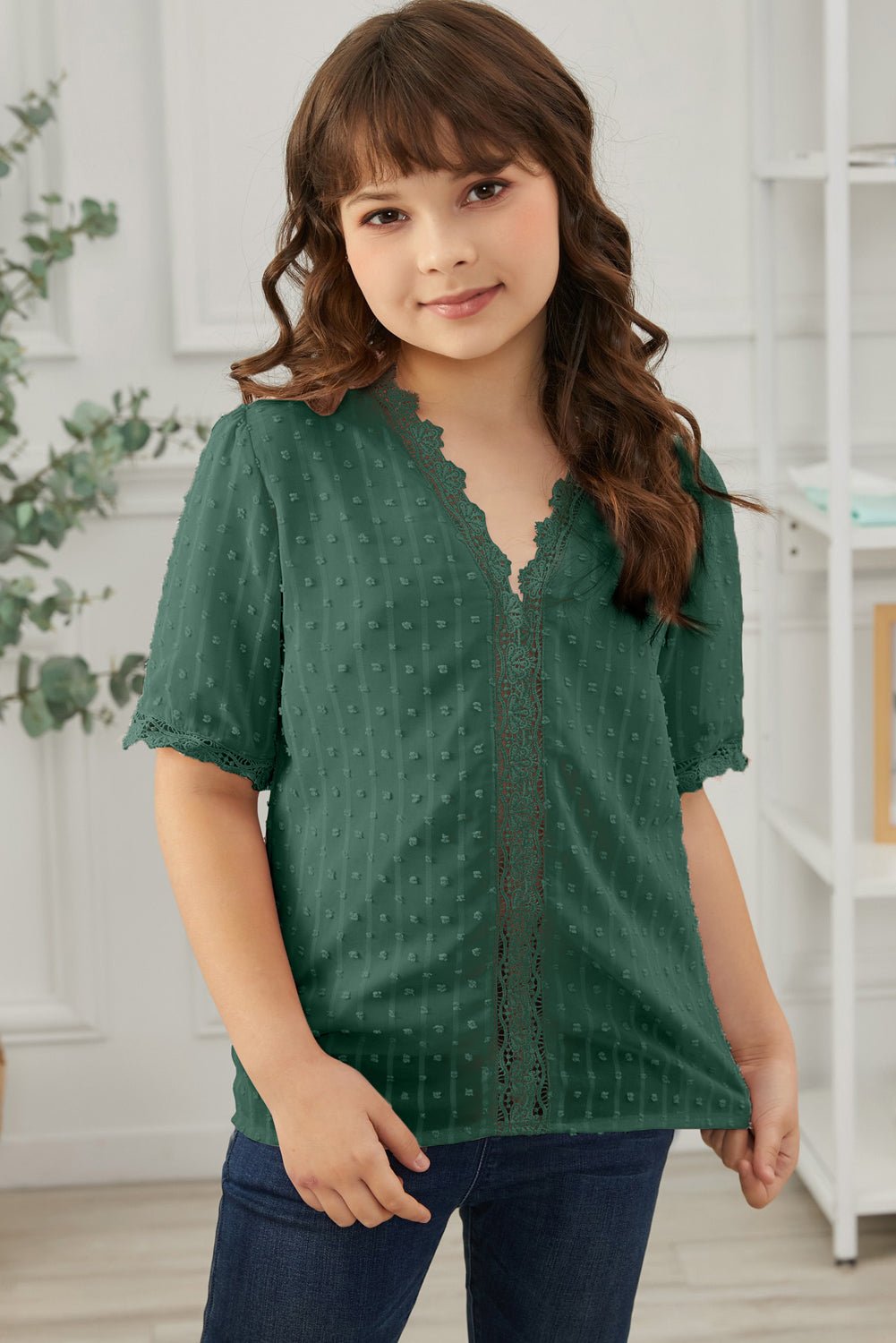 Summer Girls' Blouse with Swiss Dot and Spliced Lace for 4 - 13 Years Old
