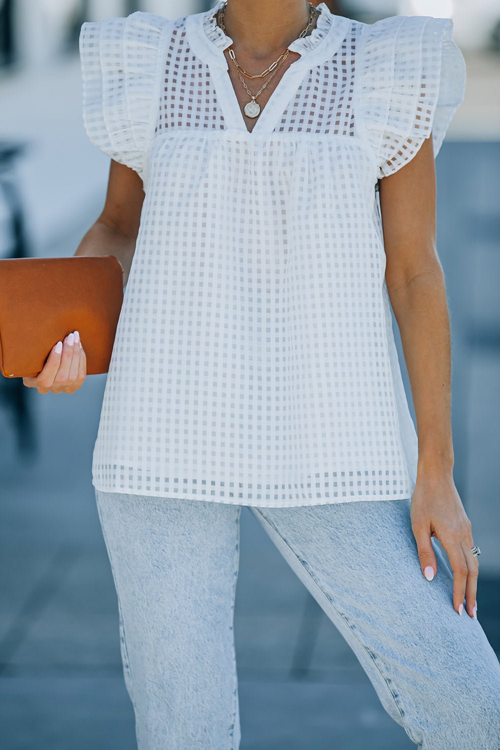 Chic Women's Grid V-Neck Ruffle Shoulder Frill Trimmed Blouse Top