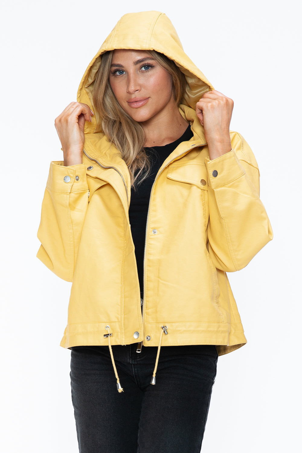 Stylish PU Leather Zip - Up Jacket with Adjustable Drawstring Hem