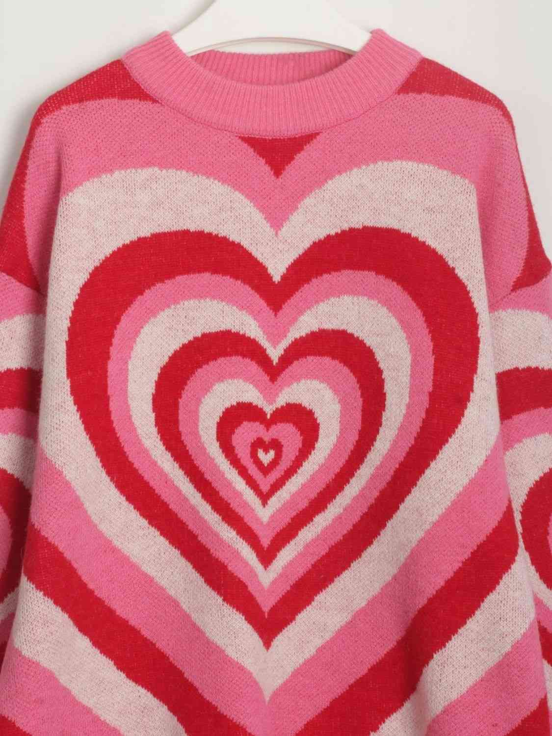 Long Printed Heart Casual Dropped Shoulder Sweater with Moderate Stretch