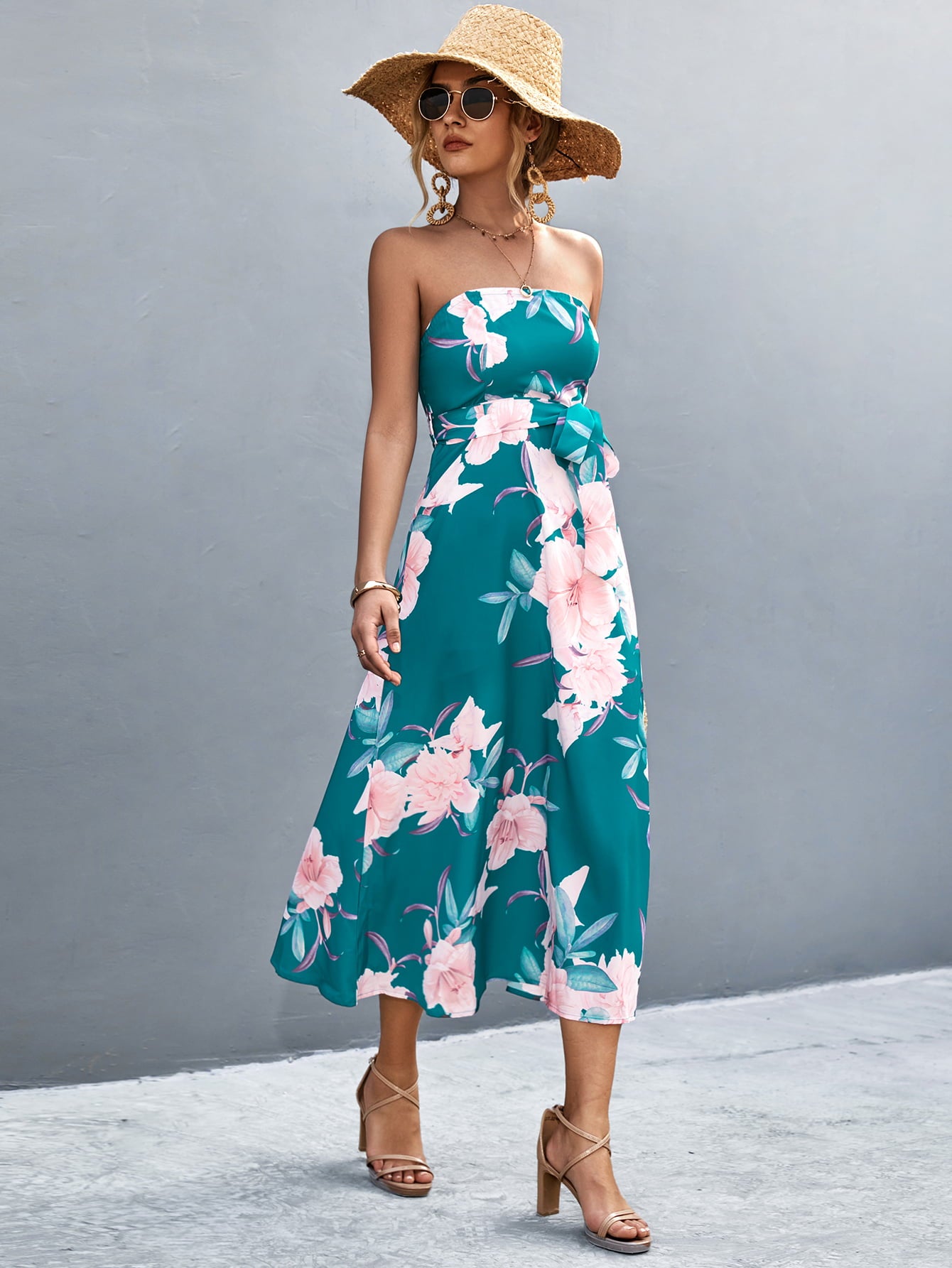 Chic Floral Patterned Tie-Waist Straight Neck Midi Sleeveless Dress