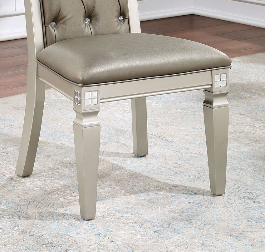 Formal and Elegant Traditional Set of Two Dining Side Chairs in Champagne and Warm Grey Colors with Solid Wood Frame, Leatherette Cushions, and Button Tufted Design for Kitchen and Dining Room Furniture