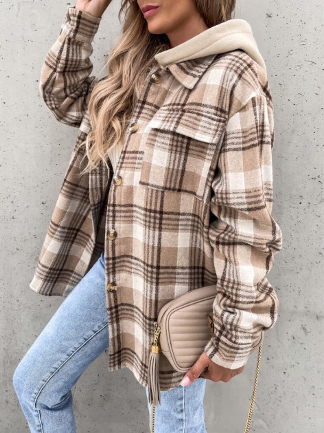 Stylish Plaid Button-Up Men's Jacket with a Detachable Hood