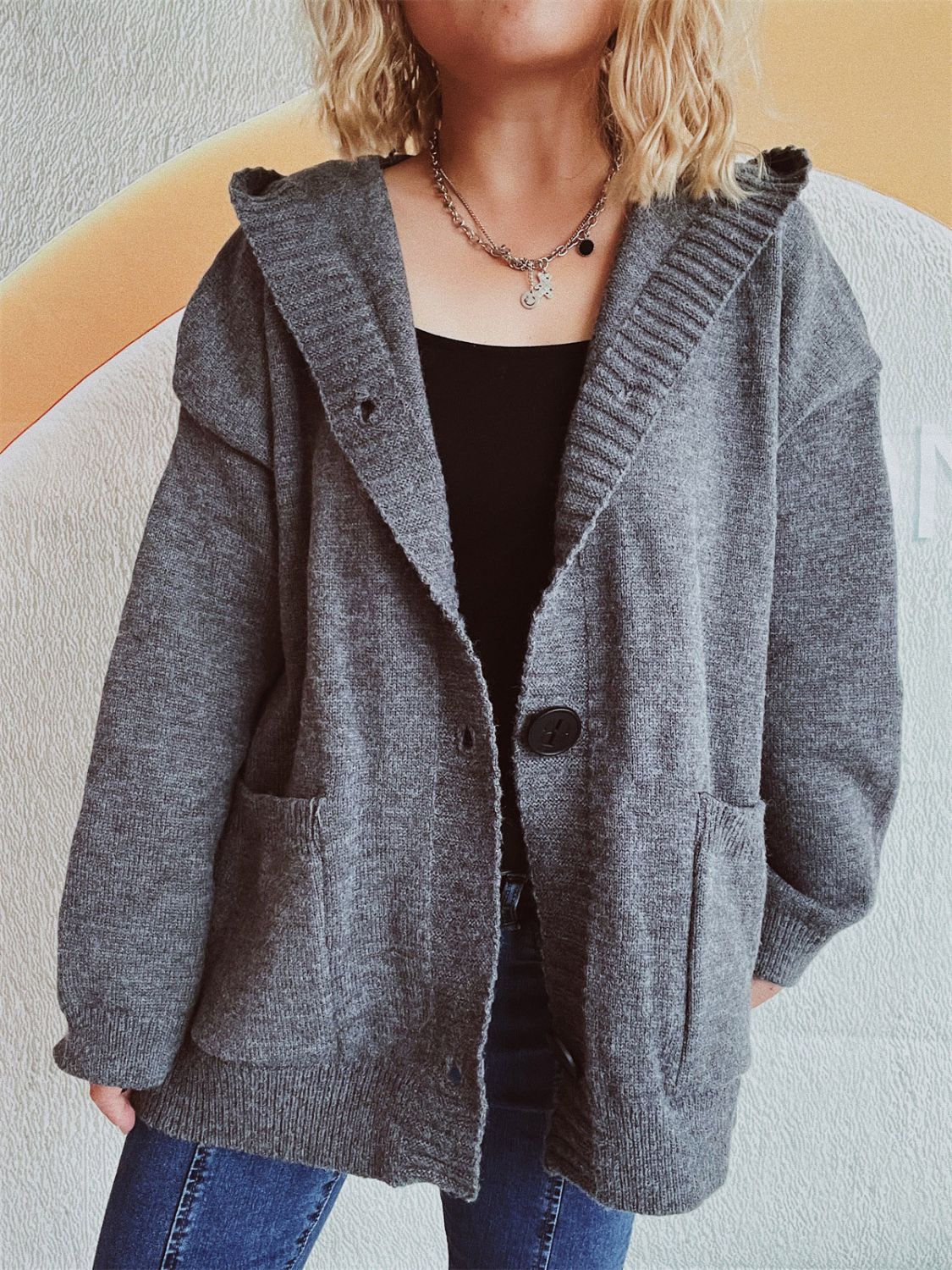 Casual Dropped Shoulder Long Sleeve Buttoned Pocketed Hooded Cardigan for Everyday Wear