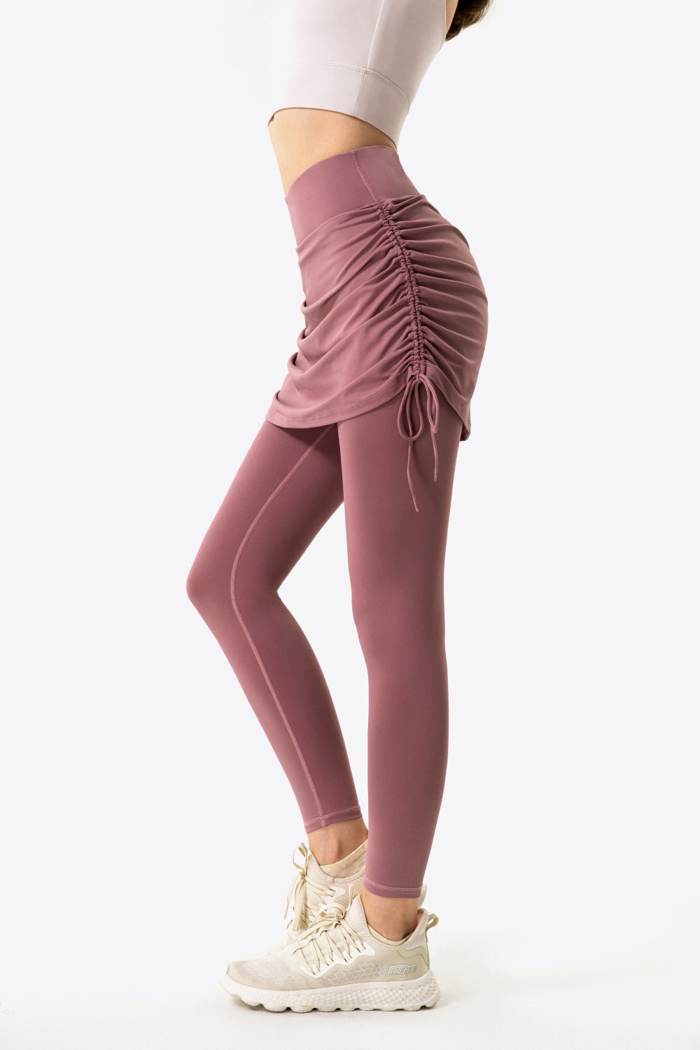 Soft and Breathable Drawstring Ruched Faux Layered Stretch Yoga Leggings