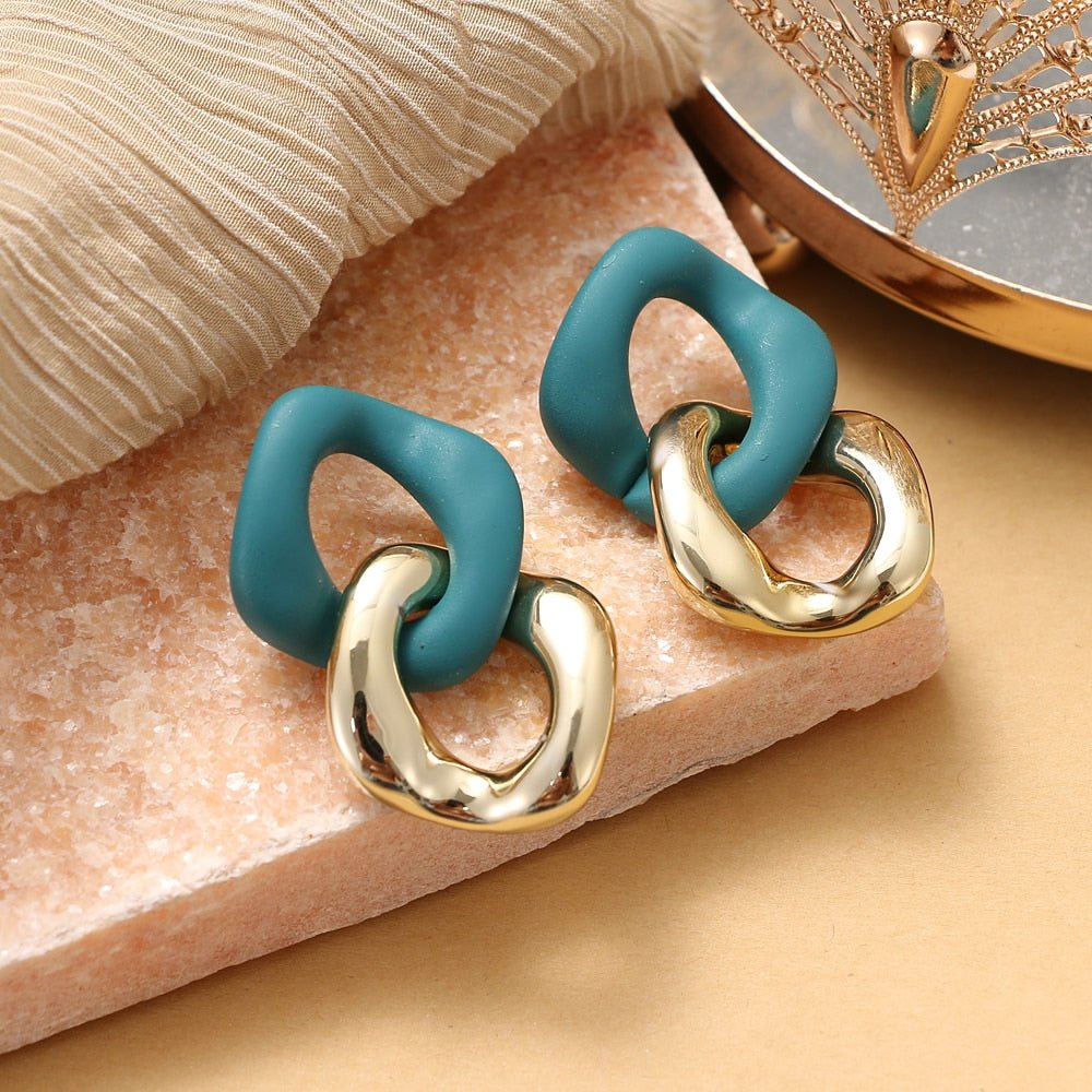 Fashionable Geometric Drop Earrings for Women Made of Acrylic and Zinc Alloy in Black and Turquoise Colors