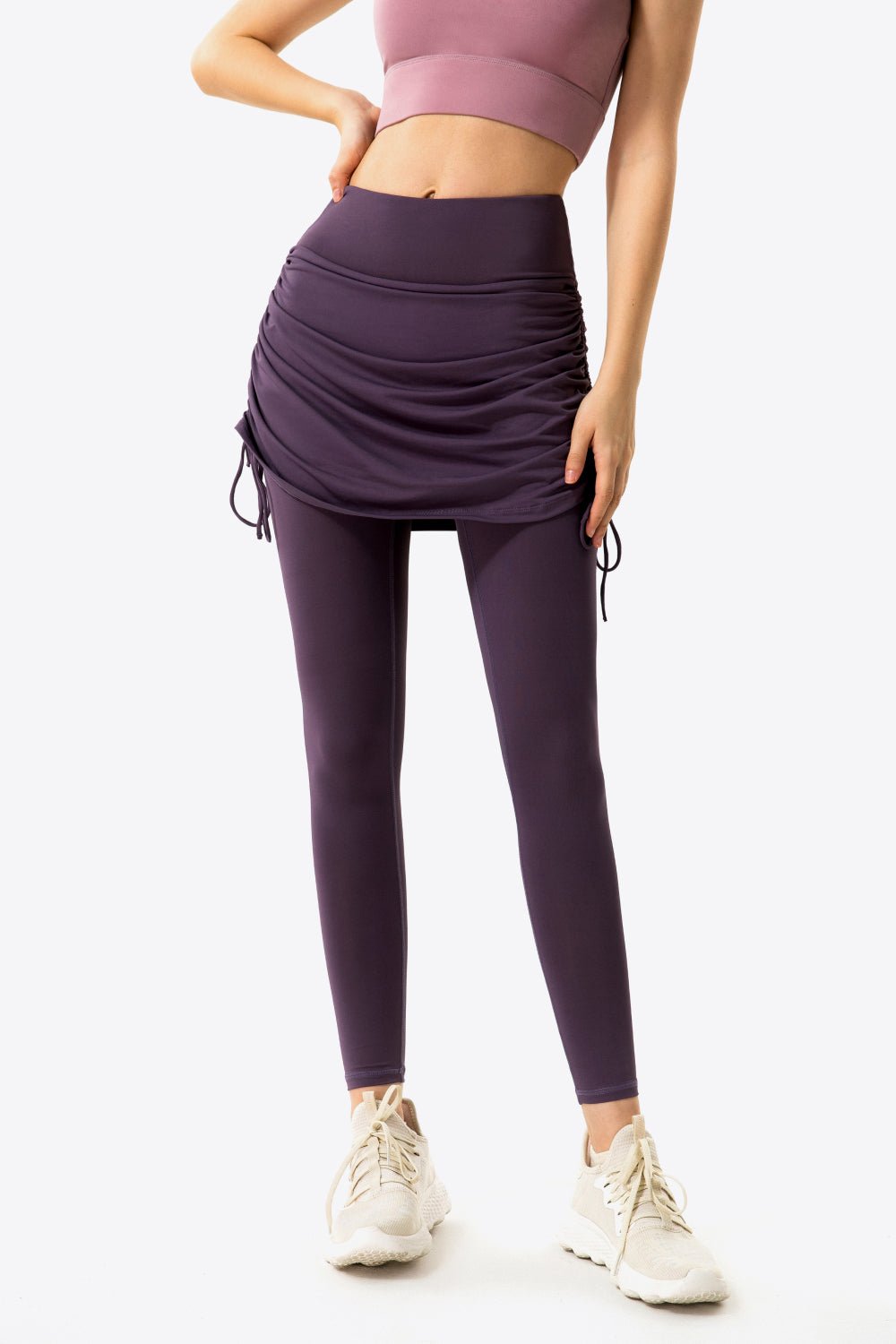 Soft and Breathable Drawstring Ruched Faux Layered Stretch Yoga Leggings