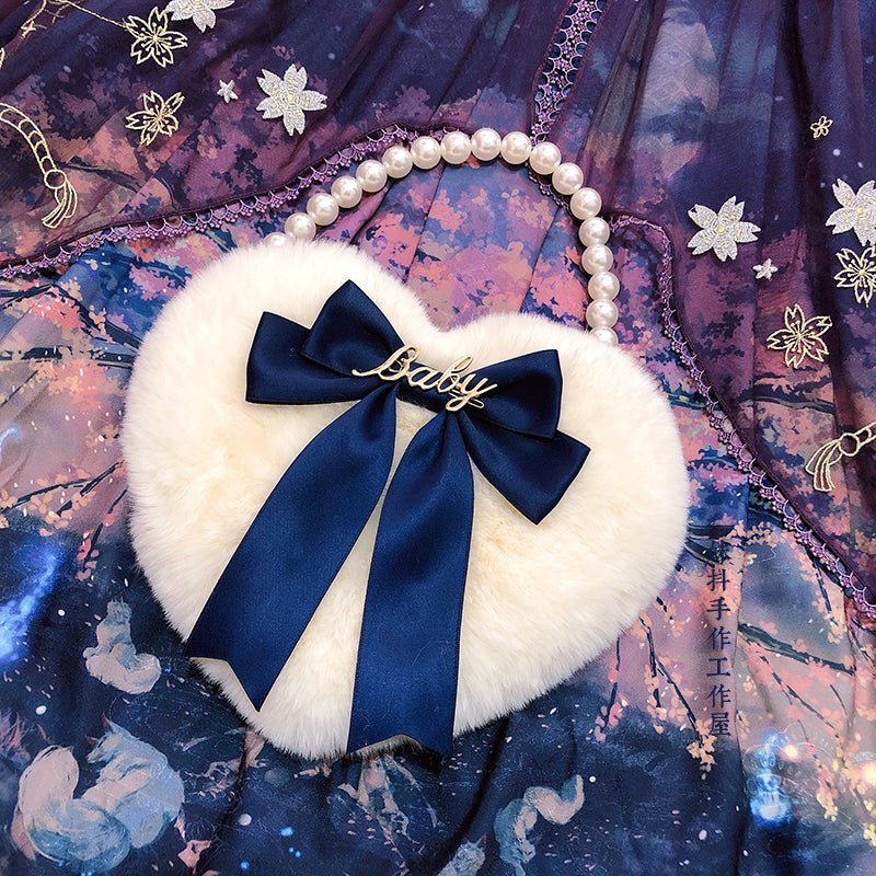 Adorable Lolita Heart-Shaped Pearl Chain Plush Tote Bag