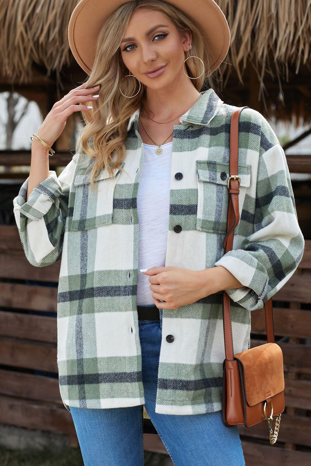 Casual Plaid Dropped Shoulder Pocket Buttoned Shacket for Everyday Wear
