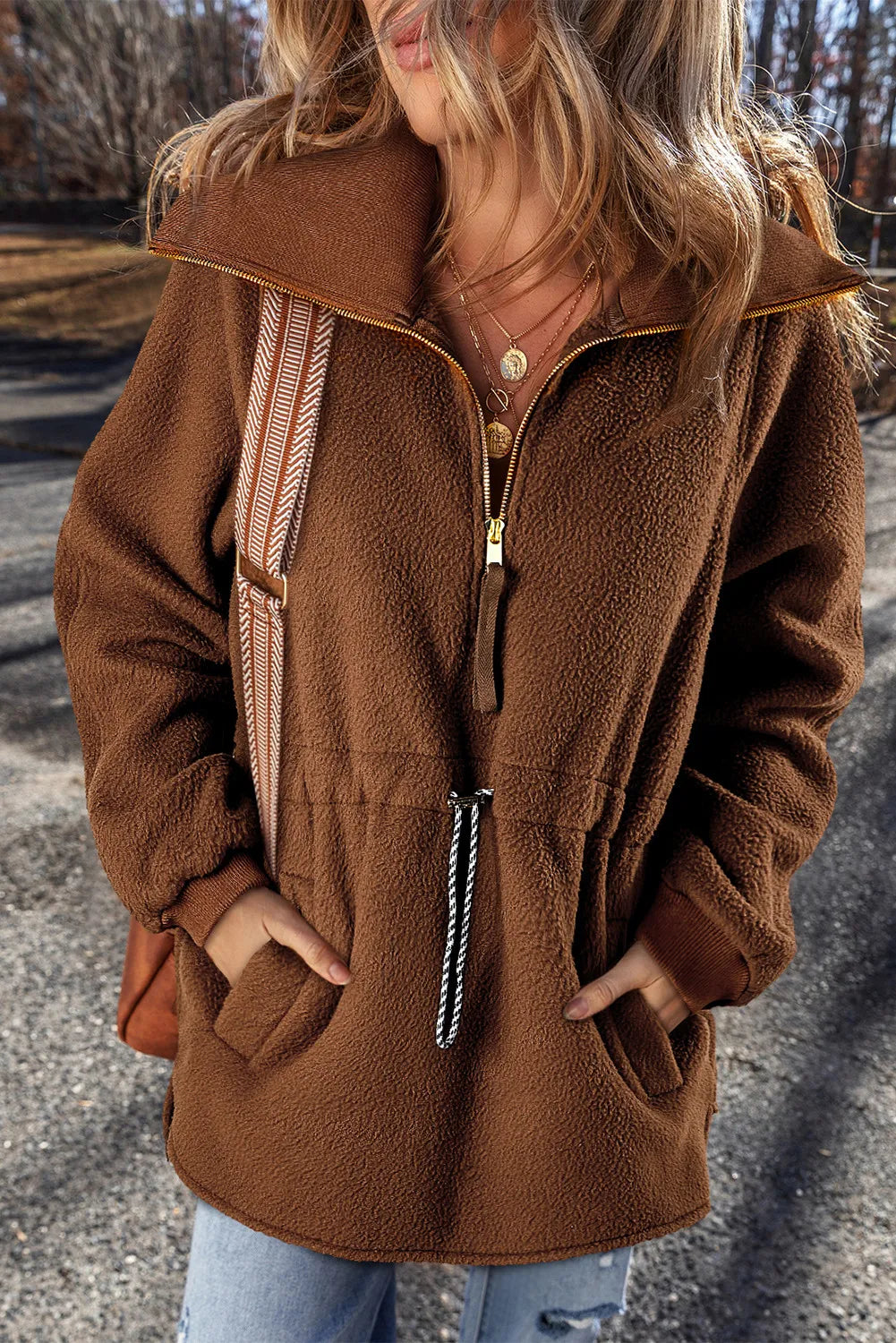Long Sleeve Drawstring Half-Zip Polyester Sweatshirt