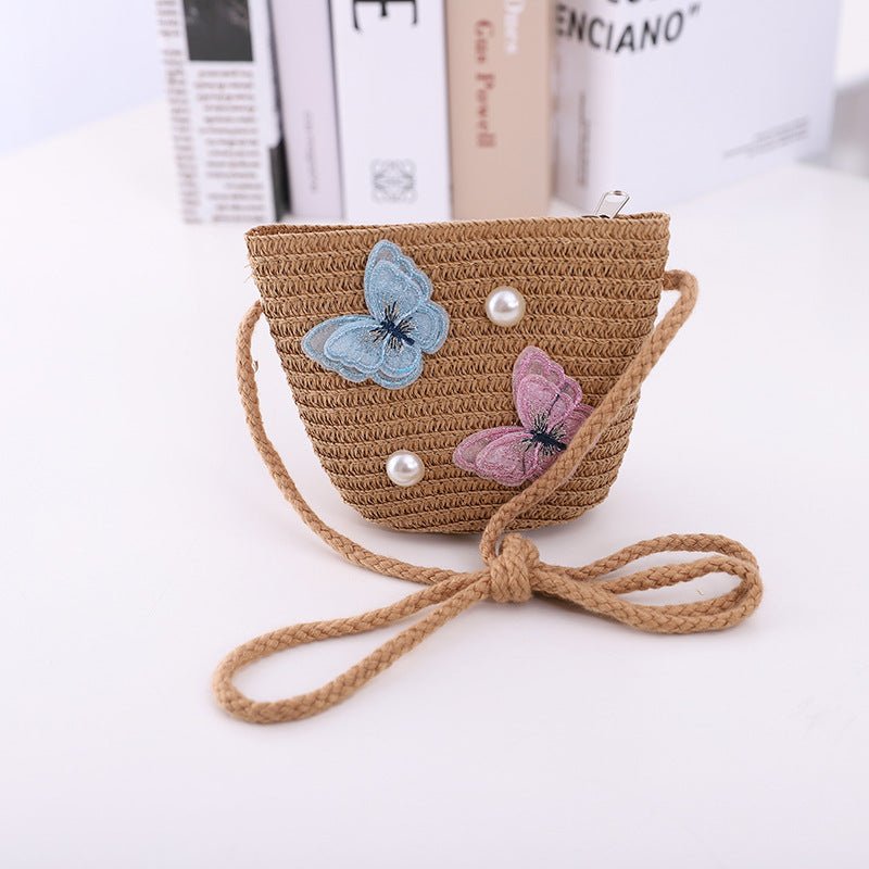 Girls' Summer Straw Hat with Butterfly Pattern and Matching Accessory Bag (Sold Individually)